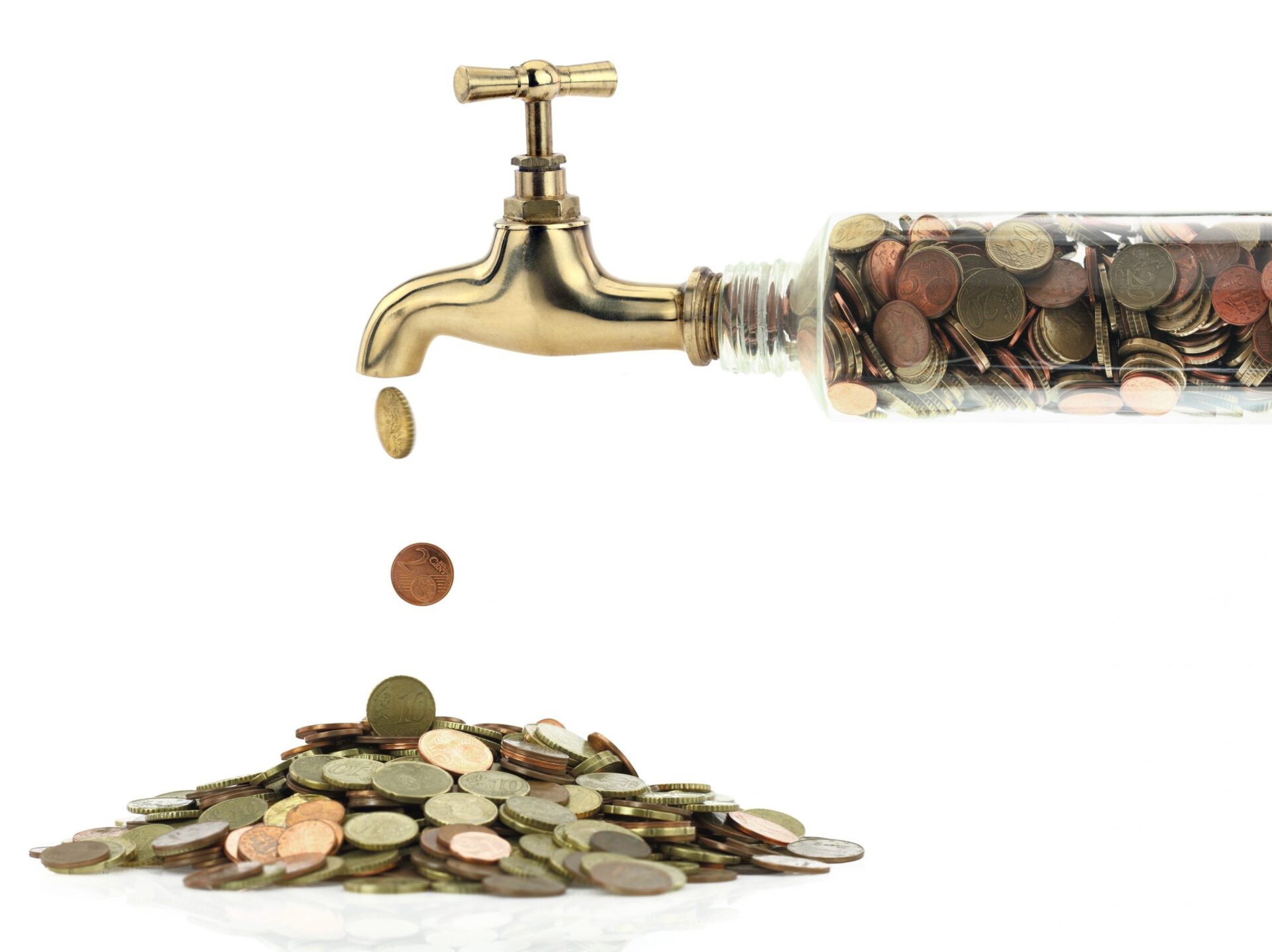 Money coins fall out of the golden tap. Save money on your water bill.