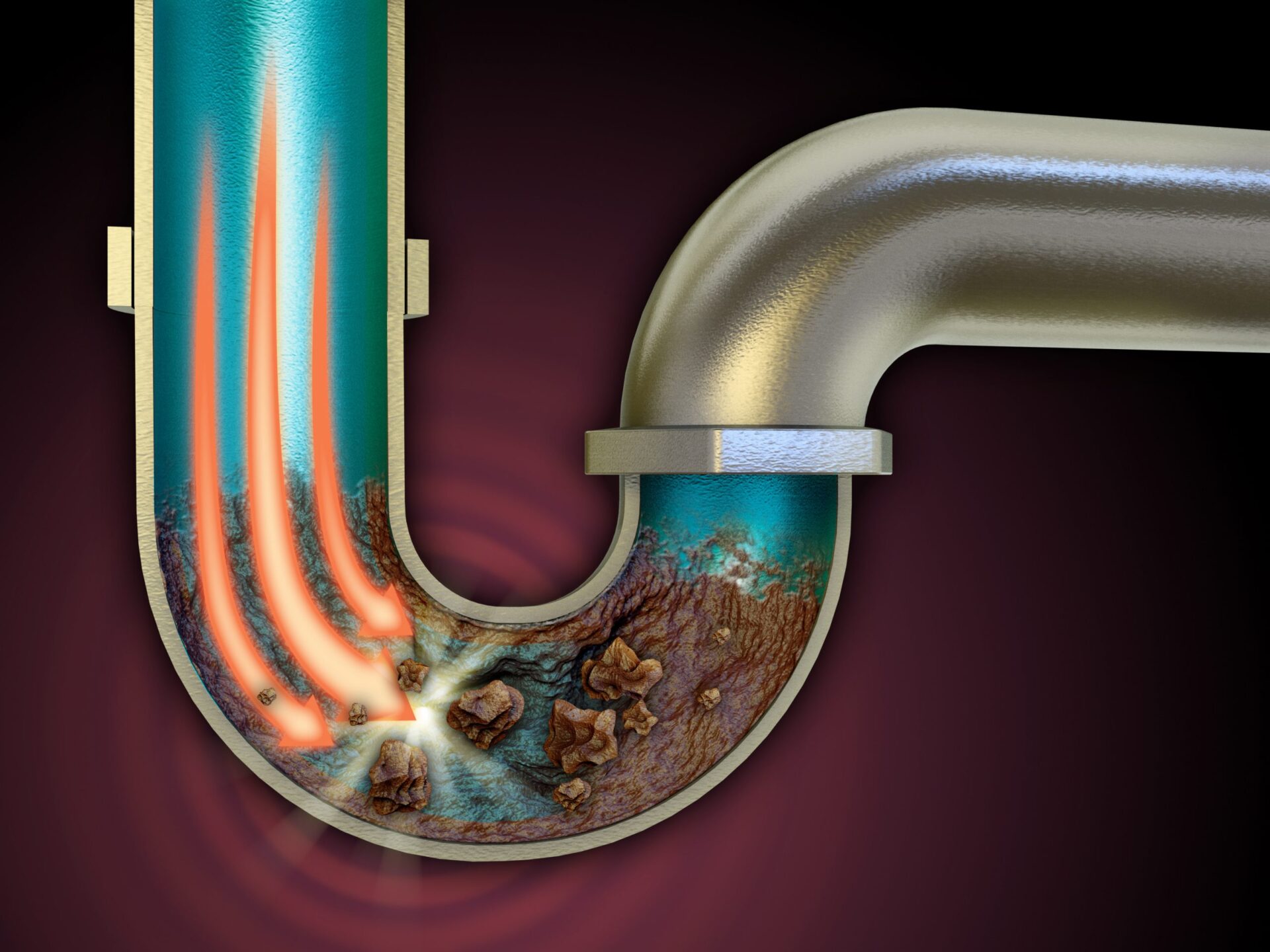 Digital illustration of drain cleaning service clearing out clogged pipes